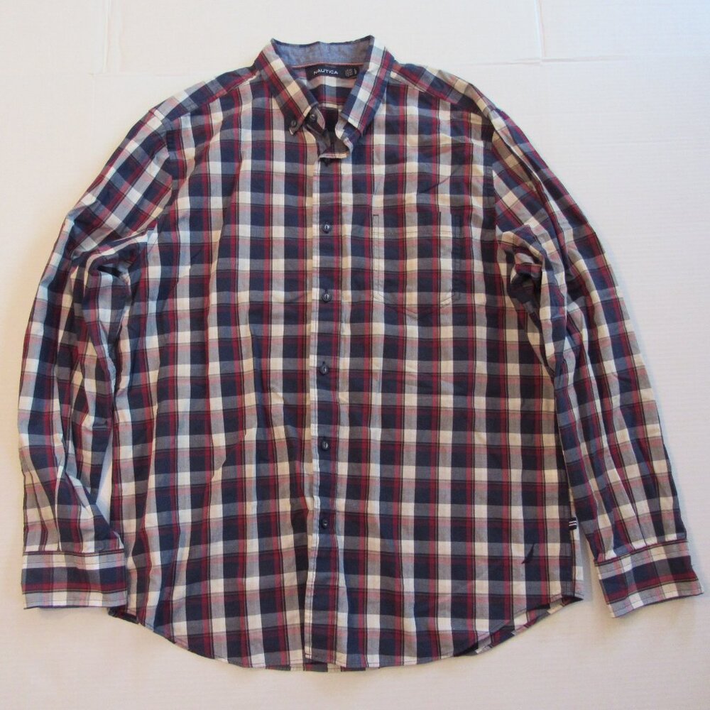 Nautica Long Sleeve Button Up Collared Shirt Red/White/Blue Plaid/Check Size L